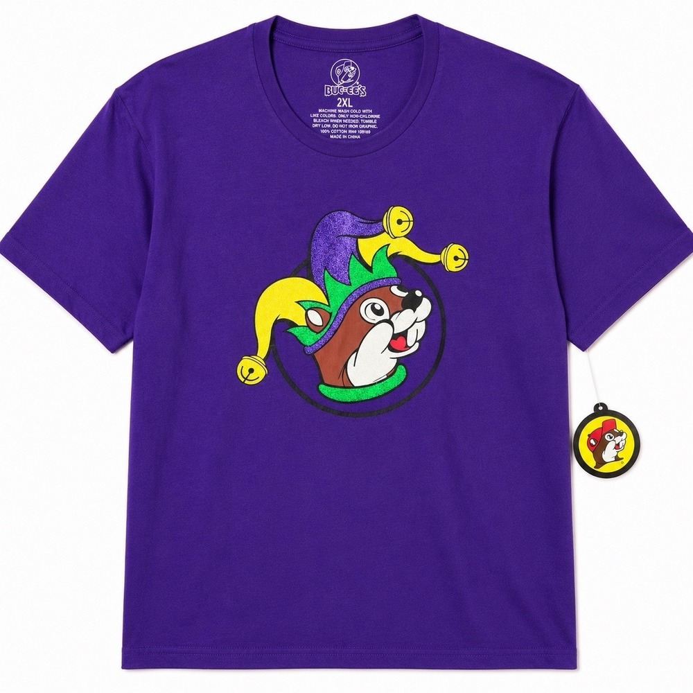 Buc-ee's Mens 2XL Mardi Gras Jester Beaver Graphic T-Shirt Purple NWT